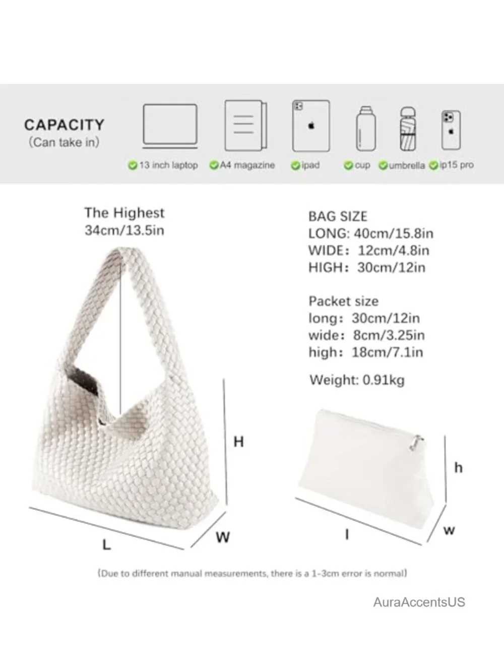 Woven Vegan Leather Hobo Tote Bag with Pouch Lightweight